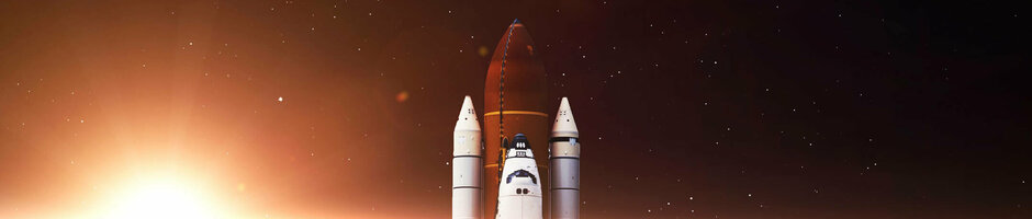 Guided space tour in Bremen | Accompanying programme ATLANTIC Hotel Airport Bremen A space shuttle launches into space, the earth and a sunrise in the background.