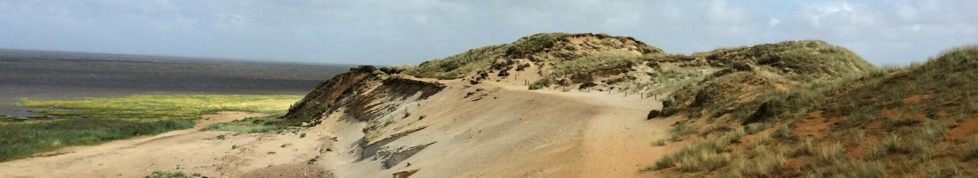 Severin*s Landhaus Morsum Kliff Sand dune landscape with blue sky and scattered clouds, the sea in the background.