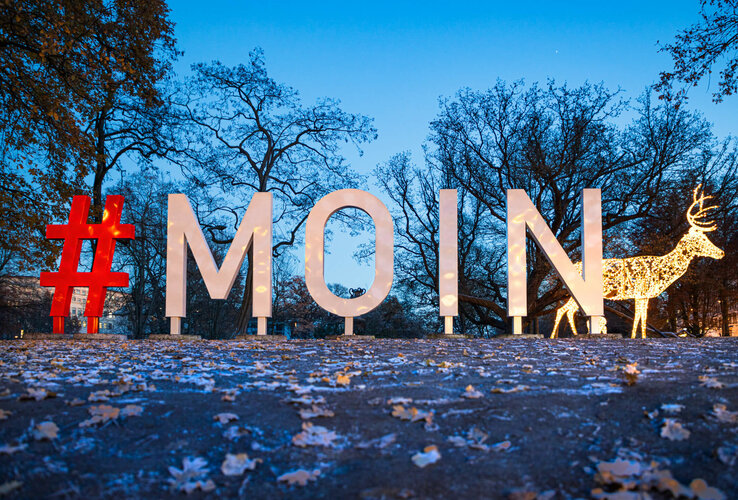 Bremens #MOIN-sign and deer figure with festive lighting in front of dark trees