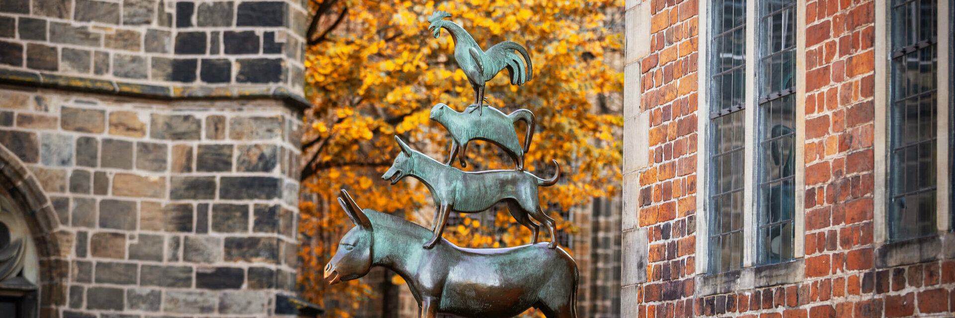 Bronzestatue der Bremer Stadtmusikanten vor herbstlichem Baum und Backsteingebäude.