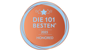 ATLANTIC Grand Hotel Travemünde Auszeichnung die 101 besten Hotels Deutschlands Bronze-colored plaque with blue stars and the words "The 101 Best 2025 Honored".