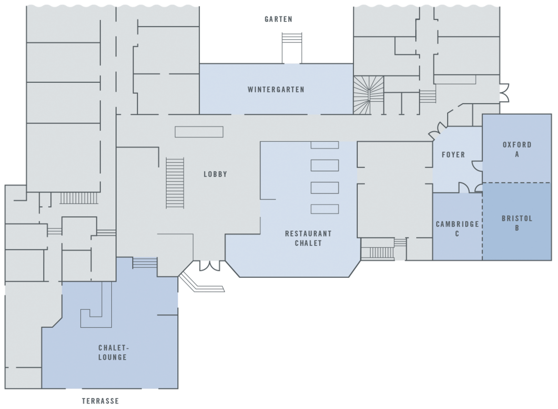 Floor plan of the ATLANTIC Hotel Landgut Horn: lobby, winter garden, restaurants, Oxford and Bristol conference rooms.