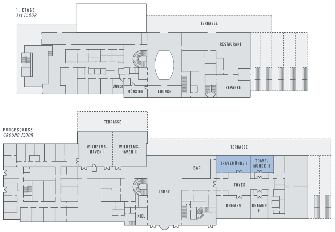 Floor plan of the ATLANTIC Hotel Wilhelmshaven with floors, restaurant, bar, lobby and conference rooms.