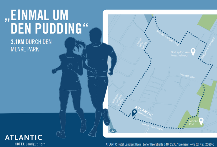 Läuferpaar und Karte einer 3,1 km Joggingroute durch den Menke Park in Bremen.