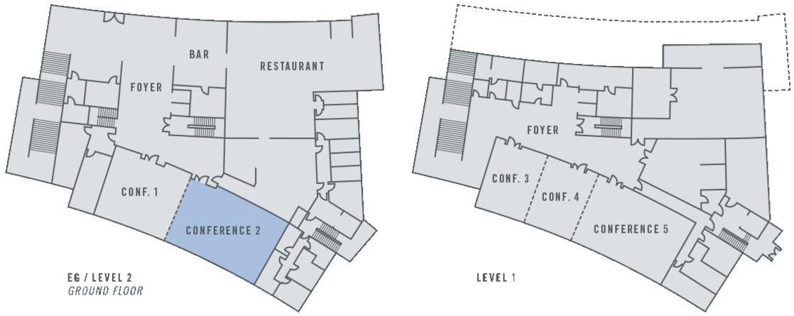 Grundriss des ATLANTIC Hotel Lübeck: Erdgeschoss mit Foyer, Bar, Restaurant und Konferenzräumen; oberes Stockwerk ähnlich.