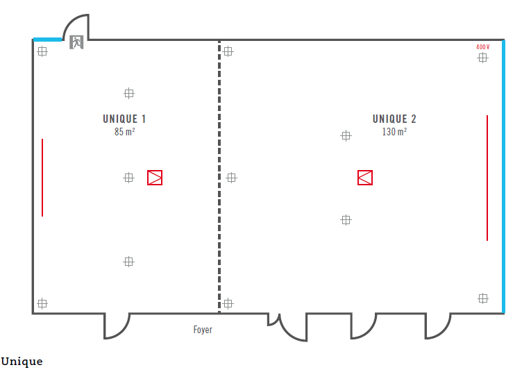 Grundriss Veranstaltungsraum Unique l ATLANTIC Hotels Münster Grundriss der Tagungsräume "Unique 1" (85 m²) und "Unique 2" (130 m²) im ATLANTIC Hotel Münster.