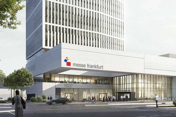 Modern Messe Frankfurt building with glass facade, people and cars in the foreground.
