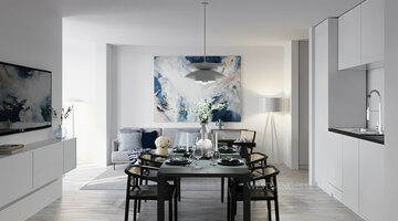 Moderner Essbereich mit großem Tisch, sechs Stühlen, stilvoller Beleuchtung und Kunstwerk an der Wand.