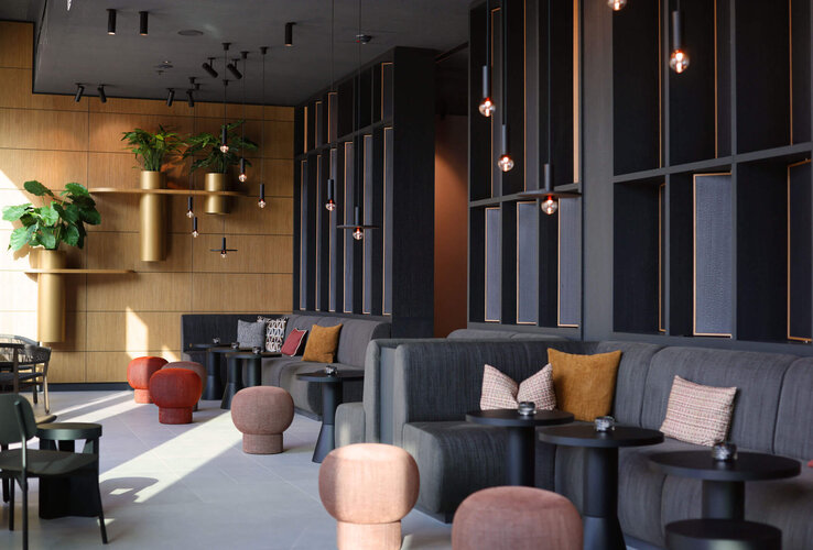 Deli Lounge im ATLANTIC Hotel Heidelberg Moderne Hotel-Lounge mit eleganten Sitzgruppen, Pflanzen und stilvoller Beleuchtung im ATLANTIC Hotel Heidelberg.