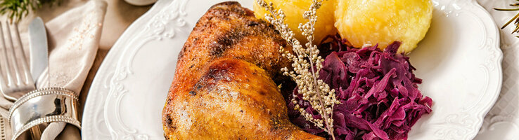 Festliches Gericht mit Entenkeule, Rotkohl und Kartoffelklößen auf weißem Teller, dekoriert mit Kräutern.