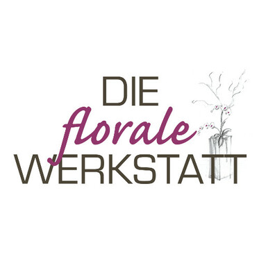 Logo of "Die florale Werkstatt" with stylized vase and branches.