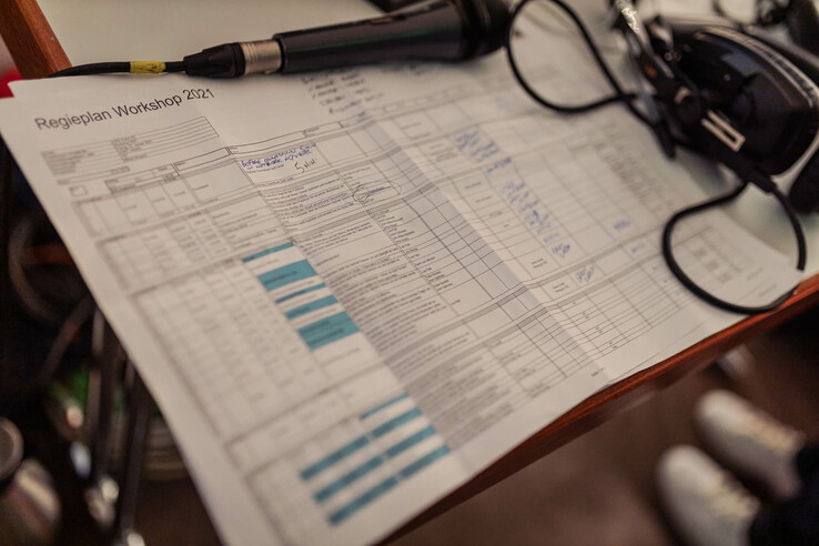 Papier mit Regieplan und Notizen auf Tisch, daneben ein Mikrofon und Kopfhörer.