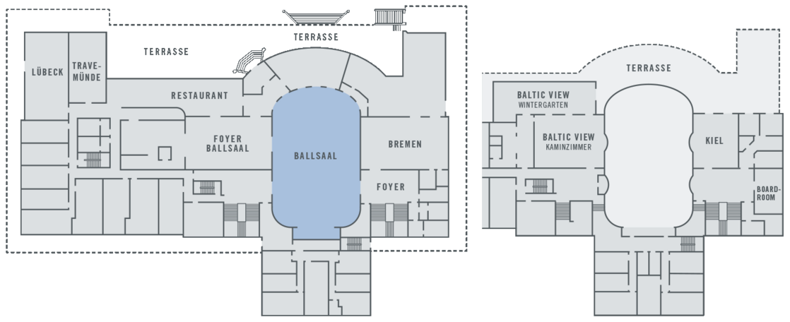Floor plan of the ATLANTIC Grand Hotel Travemünde with ballroom, restaurant, foyer and conference rooms.