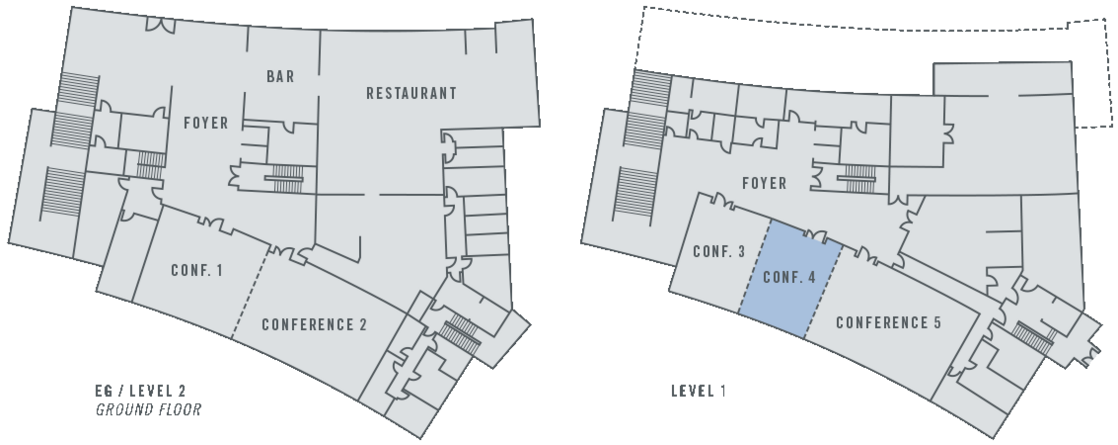 Grundriss des ATLANTIC Hotel Lübeck, zeigt Erdgeschoss mit Bar, Restaurant, Foyer und Konferenzräumen.