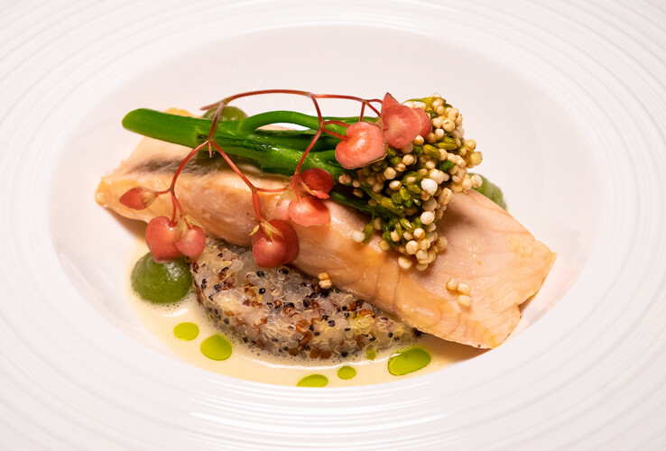 Gourmet dish with salmon fillet, quinoa, green vegetables and red flowers on a white plate at the ATLANTIC Grand Hotel Bremen.