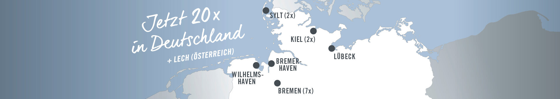 Karte zeigt Hotelstandorte in Norddeutschland: Sylt, Kiel, Lübeck, Wilhelmshaven, Bremerhaven, Bremen.