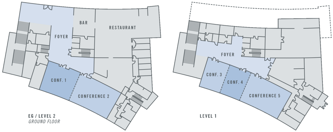 Floor plan of the ATLANTIC Hotel Lübeck with bar, restaurant, foyer and conference rooms on two levels.