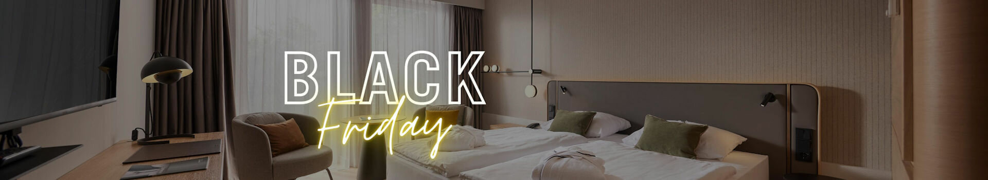 Modern hotel room with two beds, desk, armchair and large window. Text: "Black Friday".