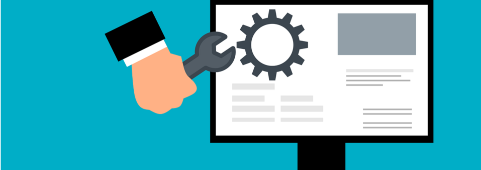 Website update Illustration: Hand with wrench adjusts gear wheel on monitor screen, symbolizing website maintenance.
