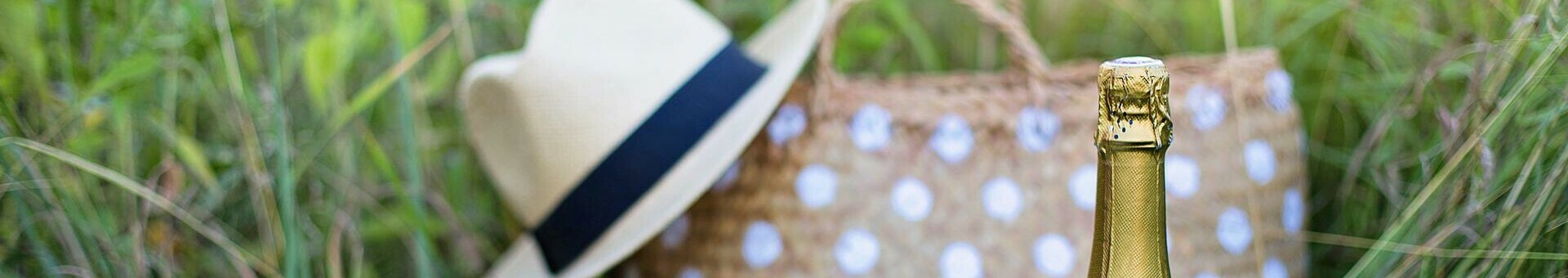 Picknick im Grünen mit Champagnerflasche, zwei Gläsern, Strohhut und gepunkteter Tasche im Gras.
