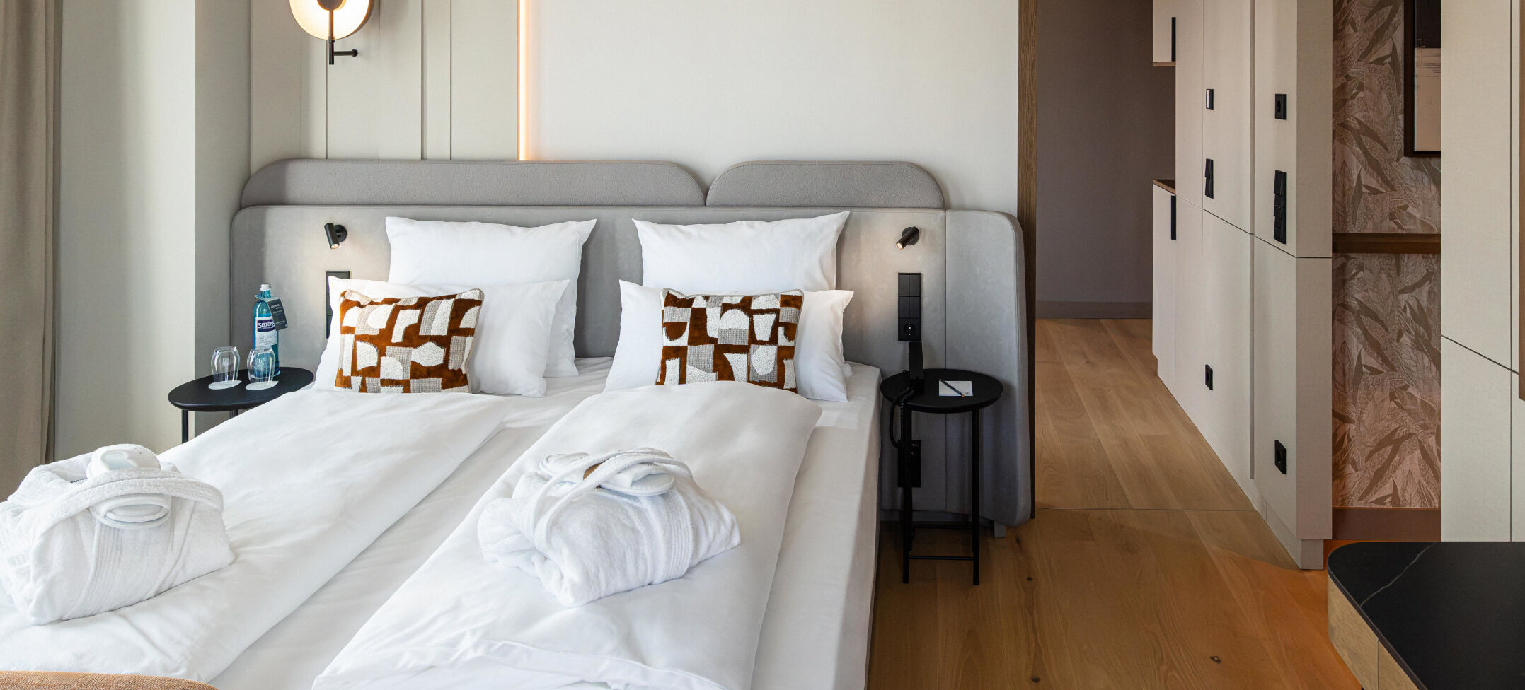 A comfortable double bed in the Skyline Suite.
