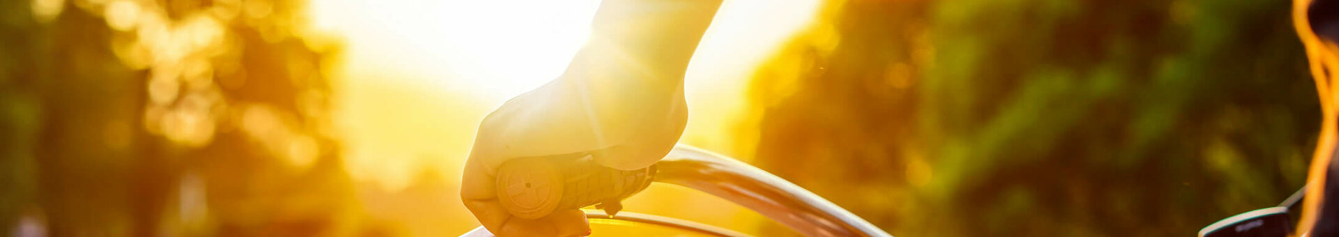 Person hält Fahrradlenker bei Sonnenuntergang, entlang eines Flusses mit grünen Bäumen im Hintergrund.