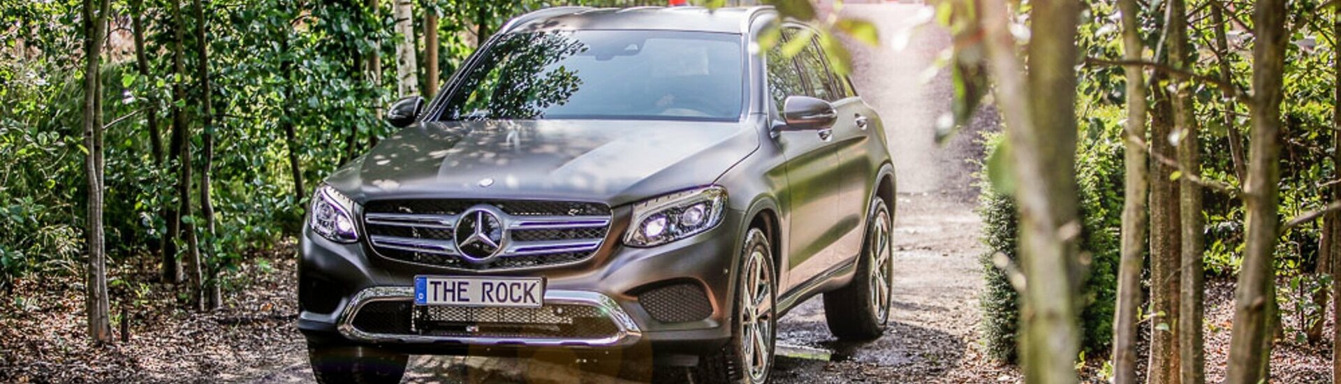 SUV driving on a forest road, surrounded by trees and sunlight.