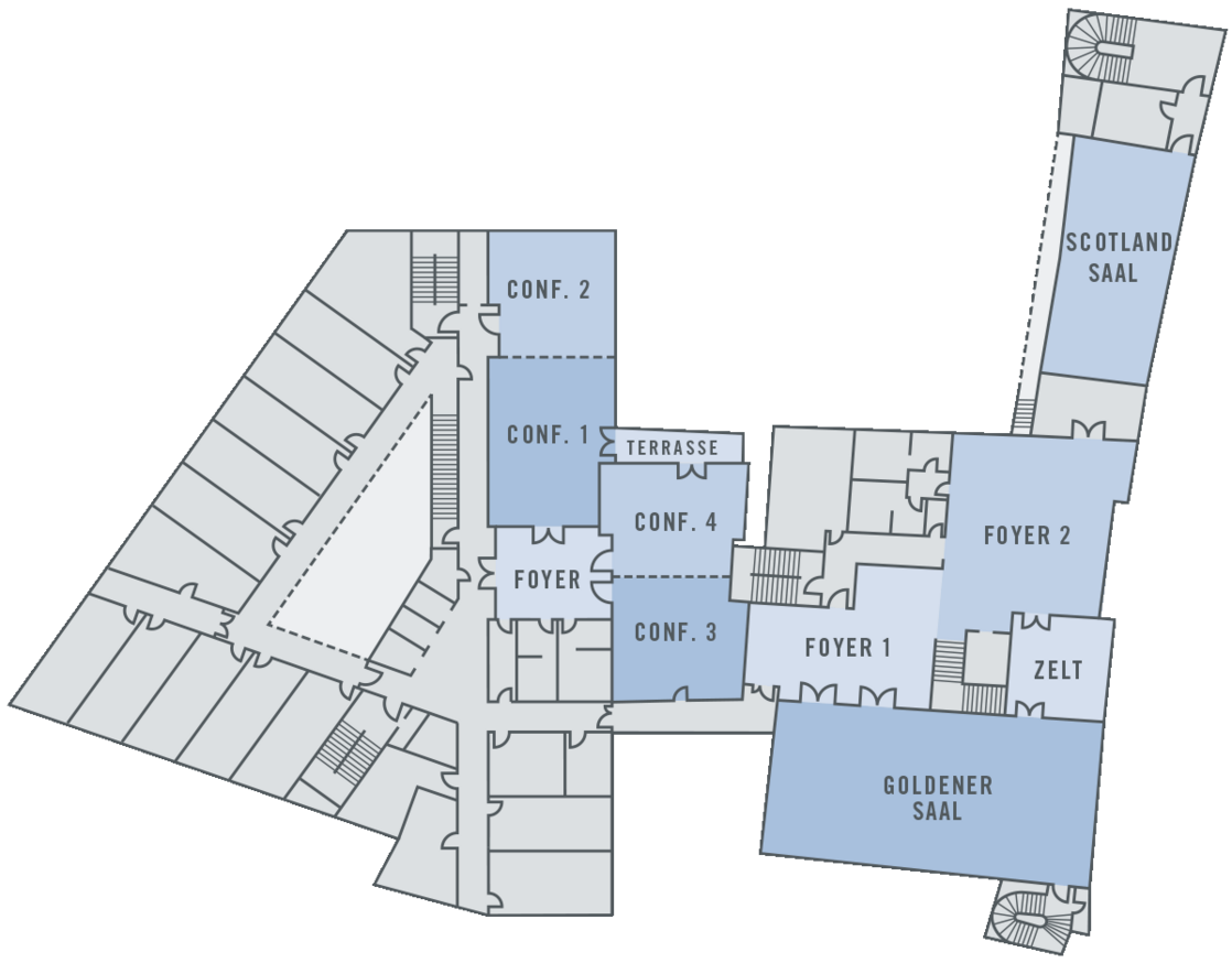 Floor plan of the ATLANTIC Grand Hotel Bremen with conference rooms, foyers, terrace and Golden Hall.