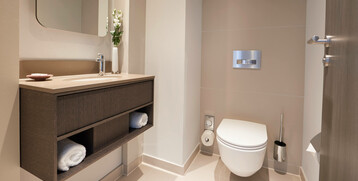Modern hotel bathroom with suspended washbasin, large mirror, WC and decorative vase with flowers.