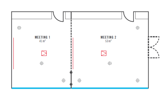 Grundriss Veranstaltungsraum Meeting 1+2 l ATLANTIC Hotels Münster Grundriss der Tagungsräume im ATLANTIC Hotel Münster, zeigt Meeting 1 (41 m²) und Meeting 2 (53 m²) mit Trennwand.