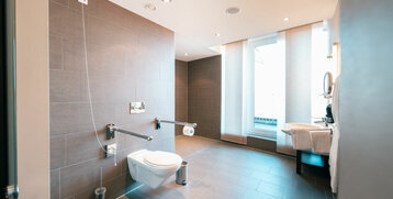 Blick auf WC mit Haltegriffen und Waschbecken