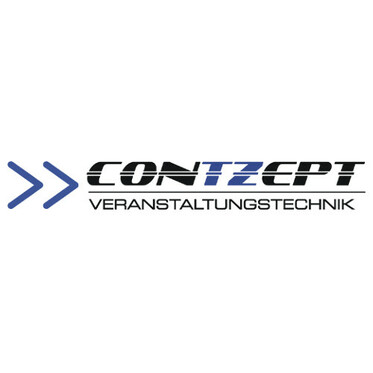 Das Logo von Contzept Veranstaltungstechnik mit blauen und schwarzen Schriftzügen und zwei blauen Pfeilen links.