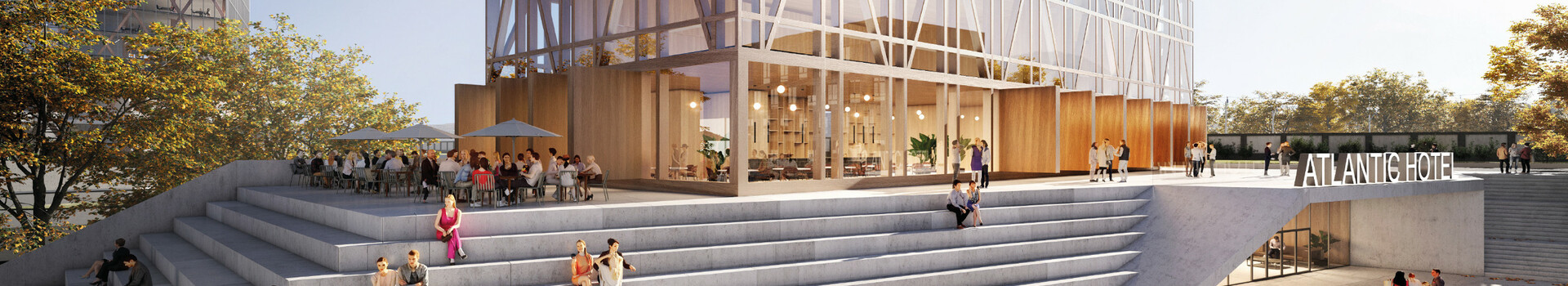 Moderner Hotelturm mit Glasfassade, Menschen auf breiten Treppen, Café-Terrasse, Eingang zum Atlantic Hotel rechts.