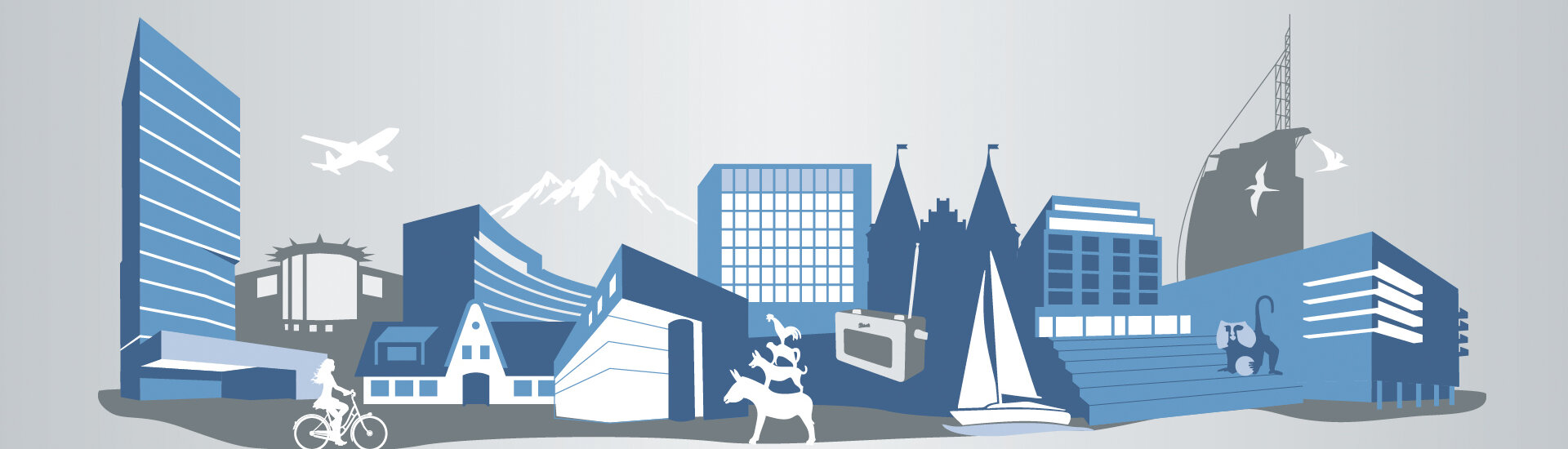 Illustration von Stadtansicht mit Gebäuden, Bergen, Radfahrer, Tieren und Segelboot in Blautönen.