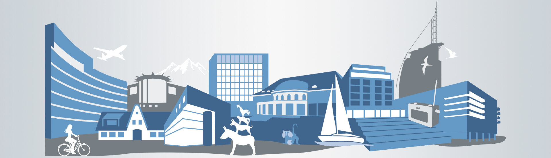 Illustration of city view with buildings, mountains, cyclists, animals and sailing boat in blue tones.