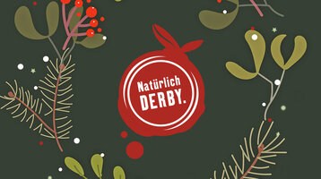 Das Logo vom Restaurant Derby auf weihnachtlichem Hintergrund