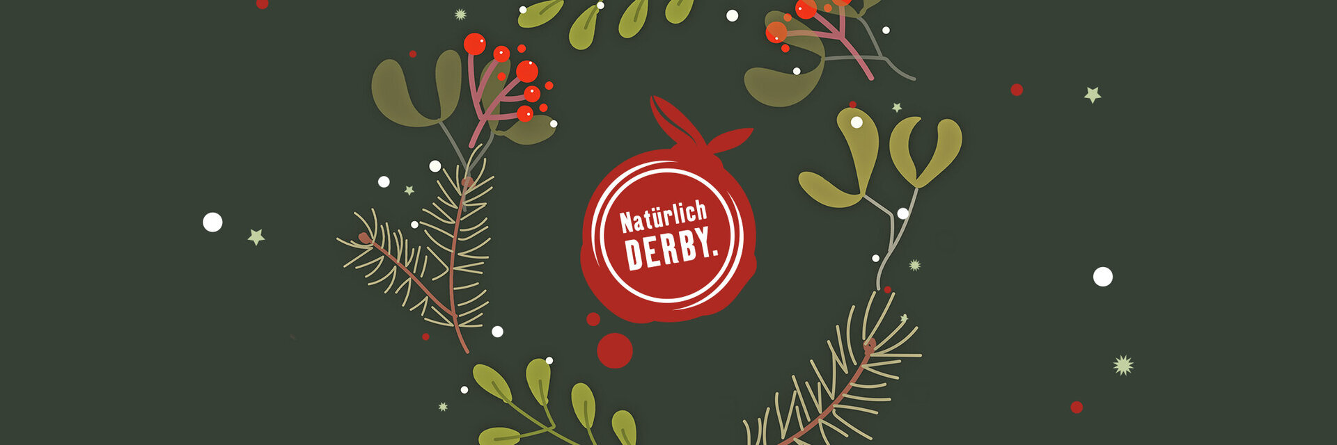 Das Logo vom Restaurant Derby auf weihnachtlichem Hintergrund