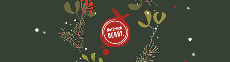 Das Logo vom Restaurant Derby auf weihnachtlichem Hintergrund