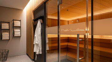 Moderner Saunabereich im ATLANTIC Hotel Heidelberg mit Holzinterieur, Handtüchern und Bademantel.