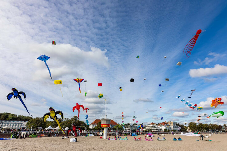 Bunte Drachen steigen am Strand von Travemünde in den Himmel, mit Hotels und Bäumen im Hintergrund.