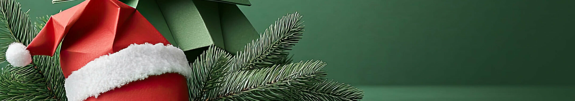 ATLANTIC Hotel Universum Weihnachtsfeiern Papier-Weihnachtsbaum und Nikolausmütze auf grünem Hintergrund, dekoriert mit Tannenzweigen und roten Beeren.