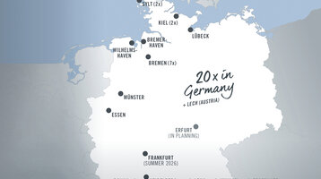 Map extract ATLANTIC Hotels locations Map shows hotel locations in Germany and Lech, Austria, with planned openings in Frankfurt, Erfurt and Tegernsee.