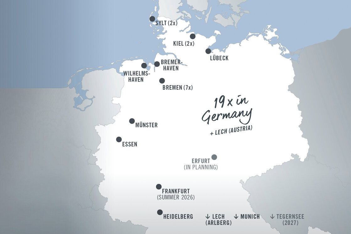 Map shows hotel locations in Germany and Lech, Austria, with planned openings in Frankfurt, Erfurt and Tegernsee.