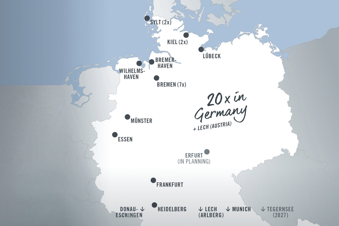 Map extract ATLANTIC Hotels locations Map shows hotel locations in Germany and Lech, Austria, with planned openings in Frankfurt, Erfurt and Tegernsee.