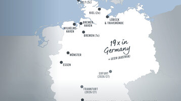 Map shows hotel locations in Germany and Lech, Austria, with planned openings in Frankfurt, Erfurt and Tegernsee.