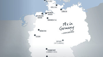 Map shows hotel locations in Germany and Lech, Austria, with planned openings in Frankfurt, Erfurt and Tegernsee.