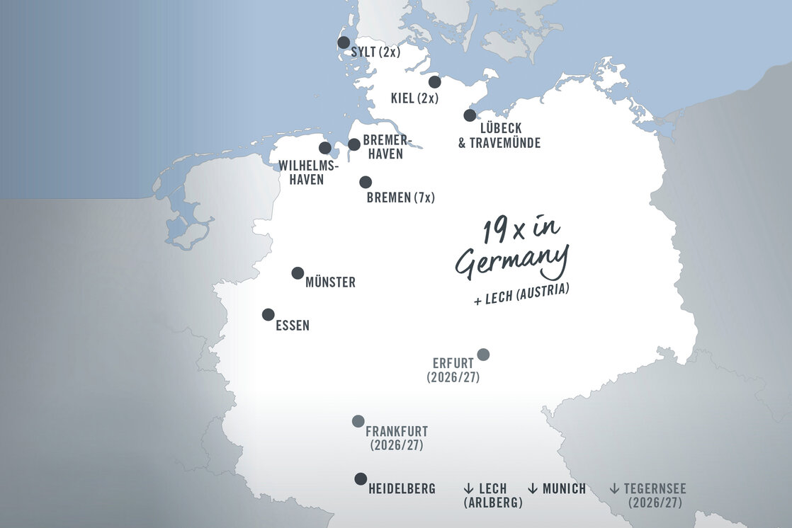 Map extract ATLANTIC Hotels locations Map shows hotel locations in Germany and Lech, Austria, with planned openings in Frankfurt, Erfurt and Tegernsee.