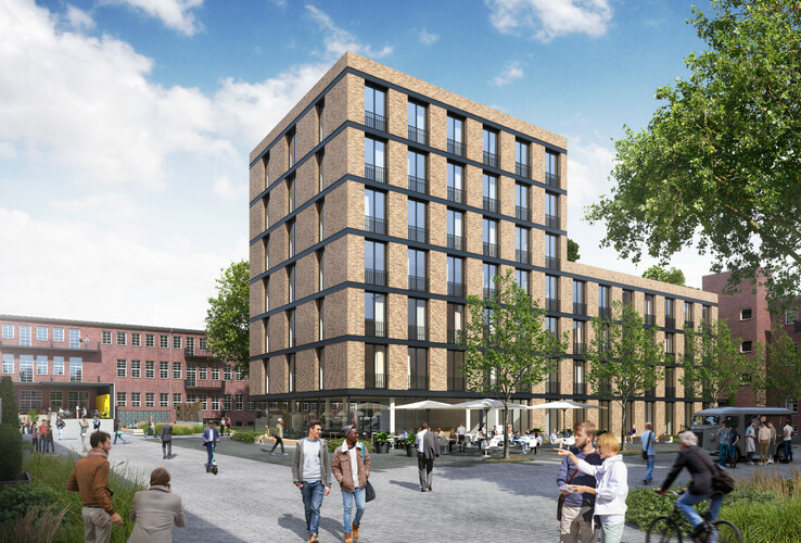 Visualisierung unique by ATLANTIC Hotels Bremen Modern hotel building with brick facade, surrounded by trees and people on a lively square under a clear sky.