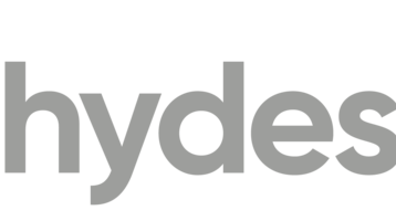 Graues Logo mit stilisiertem Tropfen und dem Schriftzug "hydes".