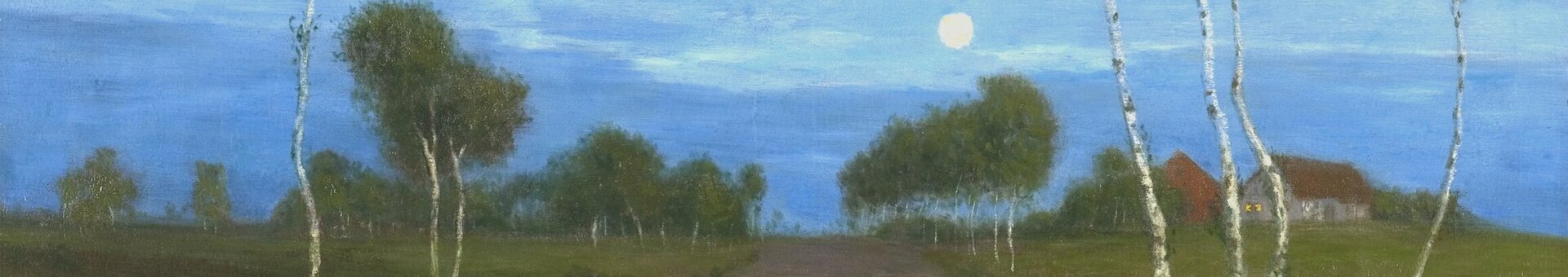 Gemälde des Künstlers Overbeck im Museum in Bremen Mondschein über einer ländlichen Landschaft mit Birken, einem Weg und einem Bauernhaus im Hintergrund.
